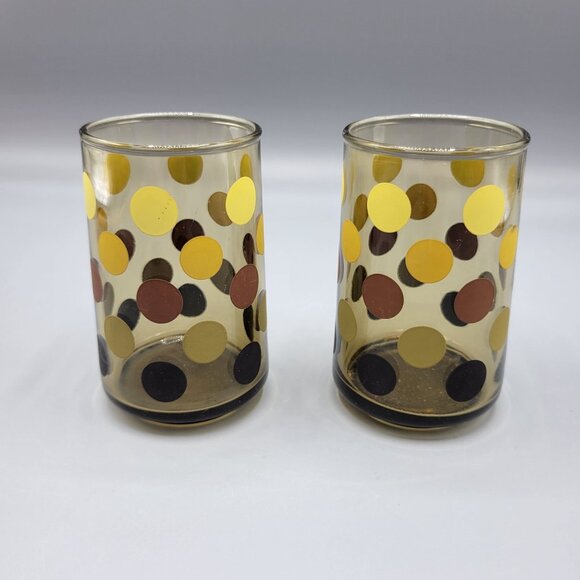 2 Polka Dot Juice Glasses Amber Yellow Brown Black Dots Retro Barware Libbys - Picture 4 of 8